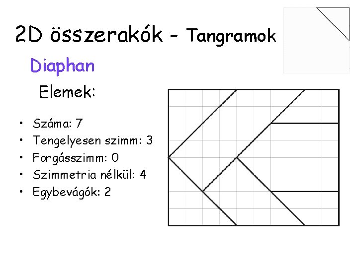 2 D összerakók - Tangramok Diaphan Elemek: • • • Száma: 7 Tengelyesen szimm: