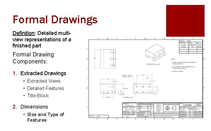 Formal Drawings Definition: Detailed multiview representations of a finished part Formal Drawing Components: 1.