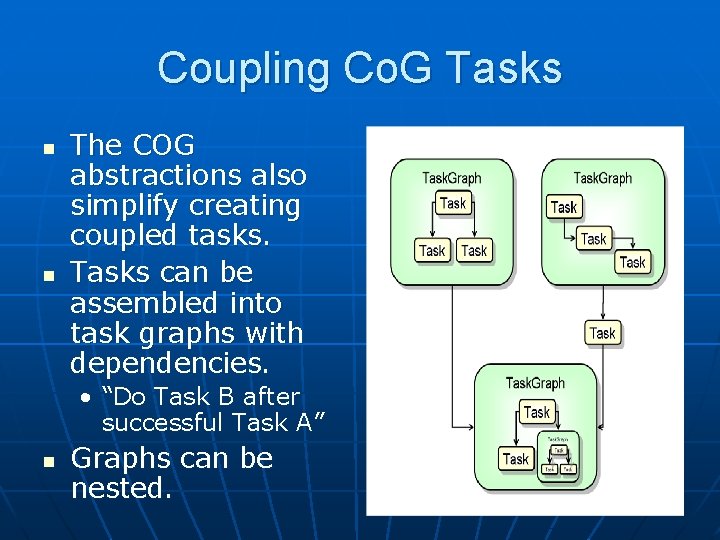 Coupling Co. G Tasks n n The COG abstractions also simplify creating coupled tasks.