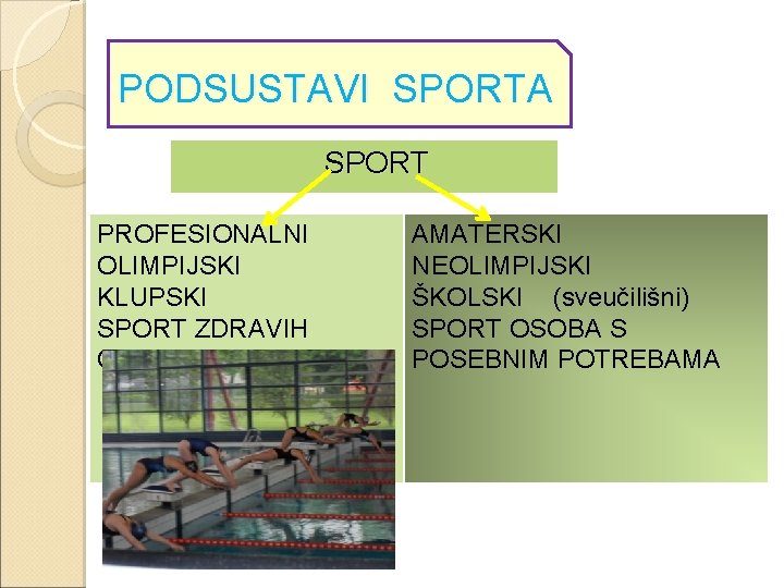 PODSUSTAVI SPORTA SPORT PROFESIONALNI OLIMPIJSKI KLUPSKI SPORT ZDRAVIH OSOBA AMATERSKI NEOLIMPIJSKI ŠKOLSKI (sveučilišni) SPORT