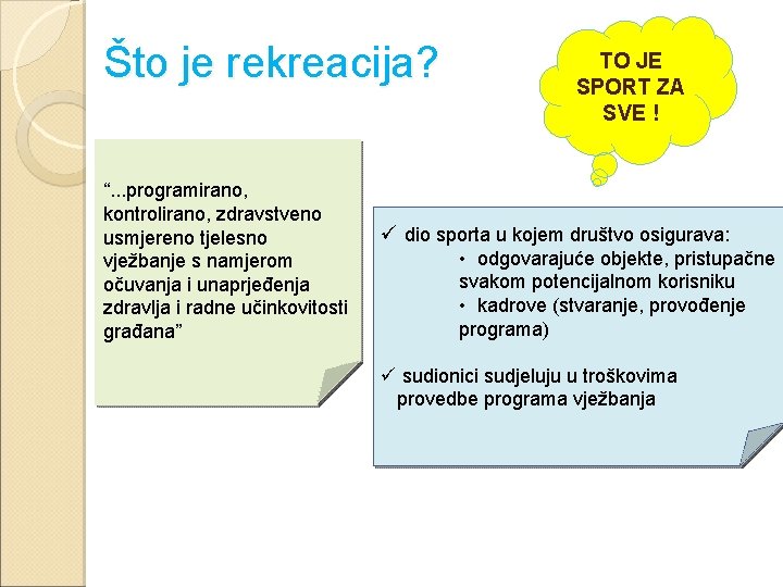 Što je rekreacija? “. . . programirano, kontrolirano, zdravstveno usmjereno tjelesno vježbanje s namjerom