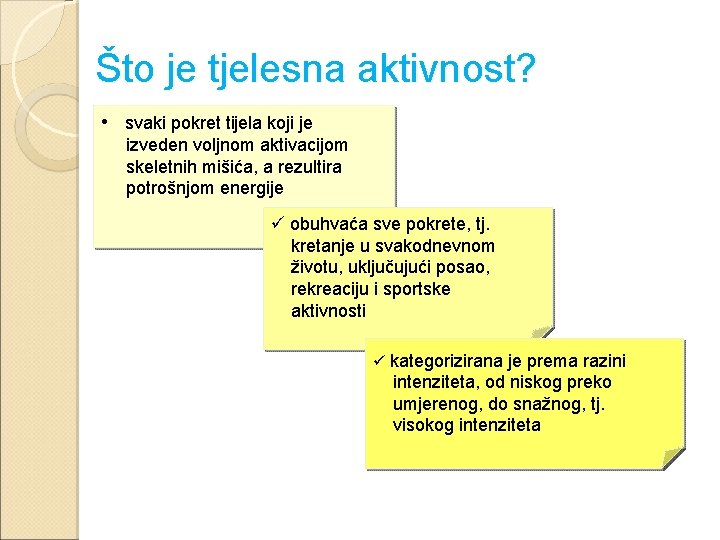 Što je tjelesna aktivnost? • svaki pokret tijela koji je izveden voljnom aktivacijom skeletnih