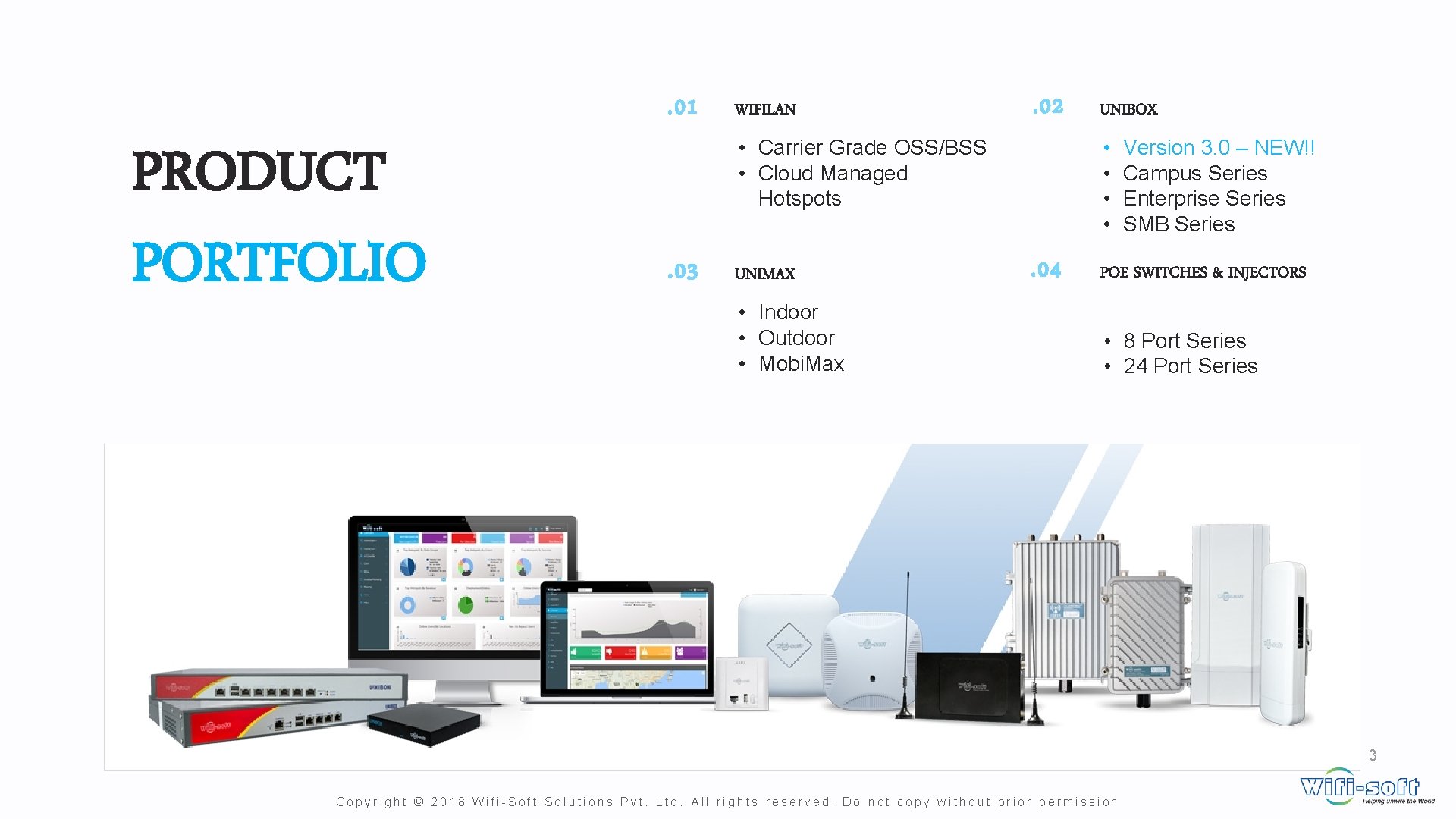 . 01 PRODUCT PORTFOLIO WIFILAN . 02 • Carrier Grade OSS/BSS • Cloud Managed . 01 PRODUCT PORTFOLIO WIFILAN . 02 • Carrier Grade OSS/BSS • Cloud Managed