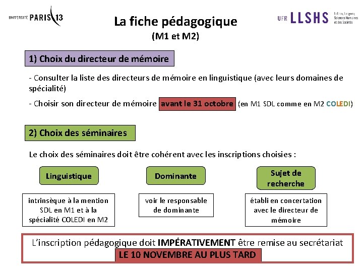 La fiche pédagogique (M 1 et M 2) 1) Choix du directeur de mémoire