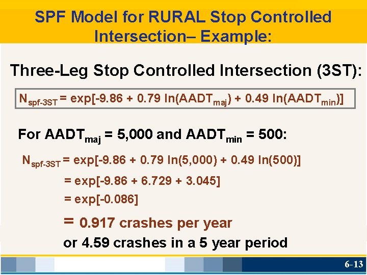 SPF Model for RURAL Stop Controlled Intersection– Example: Three-Leg Stop Controlled Intersection (3 ST):