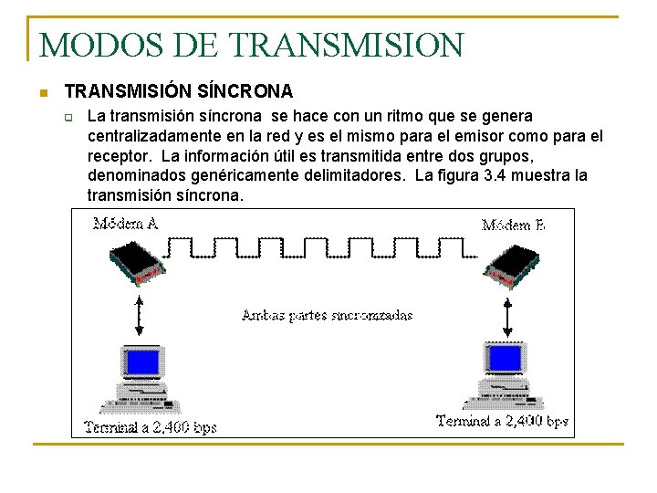 MODOS DE TRANSMISION n TRANSMISIÓN SÍNCRONA q La transmisión síncrona se hace con un