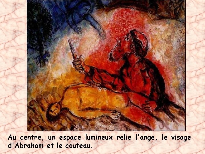 Au centre, un espace lumineux relie l'ange, le visage d'Abraham et le couteau. 