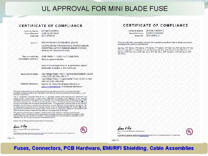 UL APPROVAL FOR MINI BLADE FUSE Fuses, Connectors, PCB Hardware, EMI/RFI Shielding, Cable Assemblies