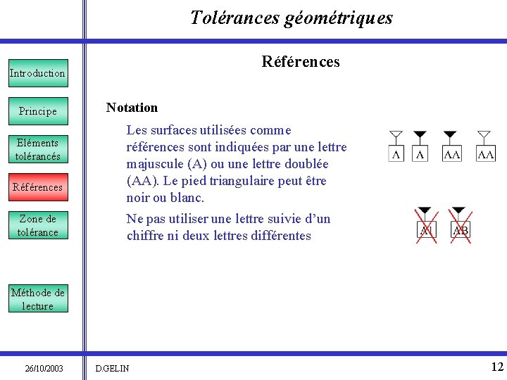 Tolérances géométriques Références Introduction Principe Eléments tolérancés Références Zone de tolérance Notation Les surfaces