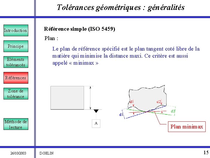 Tolérances géométriques : généralités Introduction Référence simple (ISO 5459) Plan : Principe Eléments tolérancés