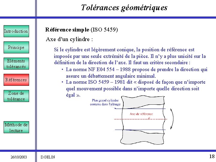 Tolérances géométriques Introduction Référence simple (ISO 5459) Axe d’un cylindre : Principe Eléments tolérancés