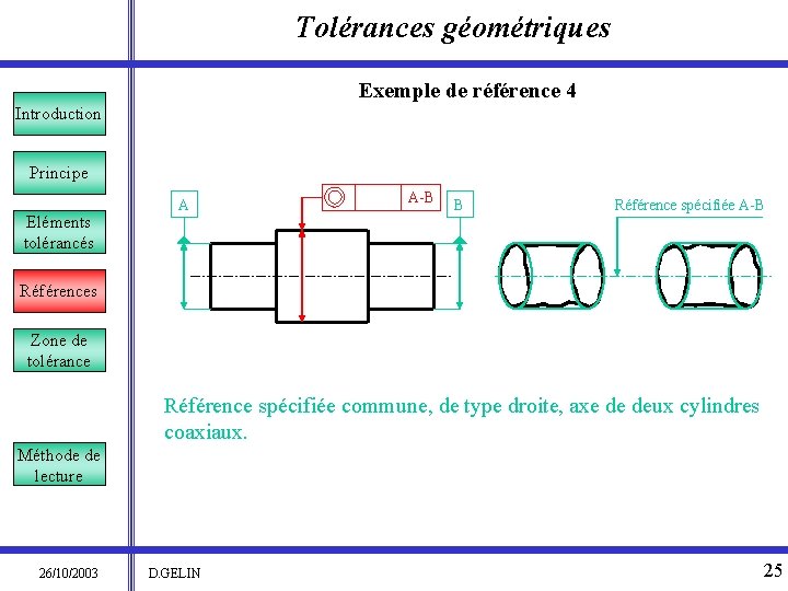 Tolérances géométriques Exemple de référence 4 Introduction Principe Eléments tolérancés A A-B B Référence