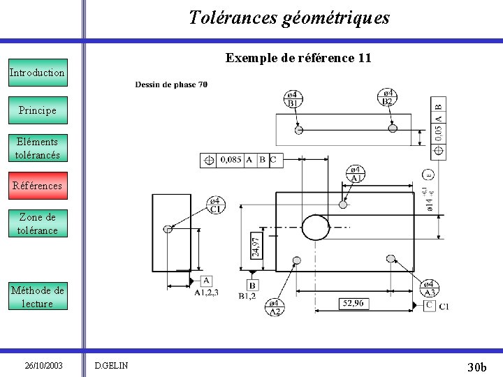 Tolérances géométriques Exemple de référence 11 Introduction Principe Eléments tolérancés Références Zone de tolérance