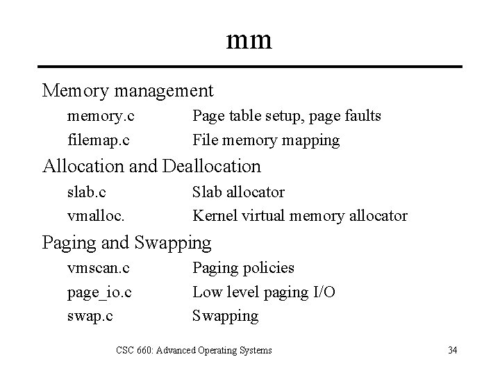 mm Memory management memory. c filemap. c Page table setup, page faults File memory