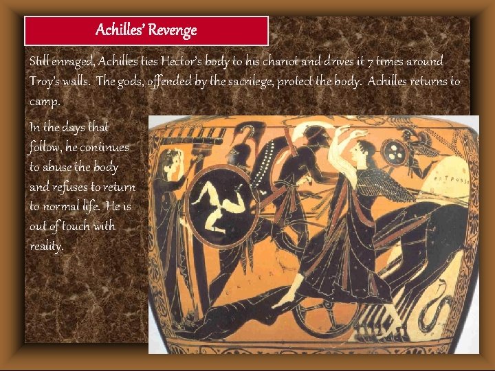 Achilles’ Revenge Still enraged, Achilles ties Hector’s body to his chariot and drives it