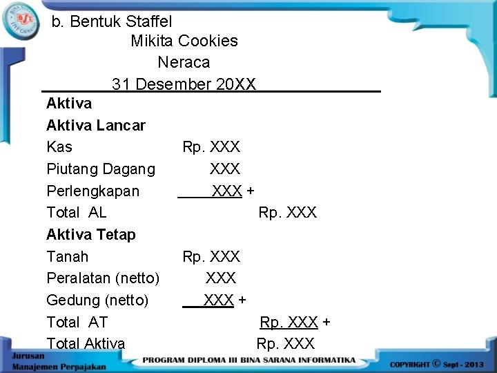 b. Bentuk Staffel Mikita Cookies Neraca 31 Desember 20 XX Aktiva Lancar Kas Piutang