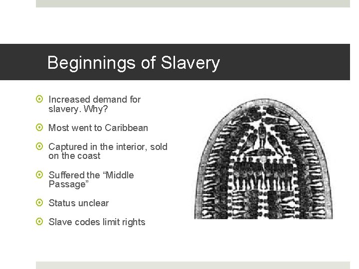 Beginnings of Slavery Increased demand for slavery. Why? Most went to Caribbean Captured in