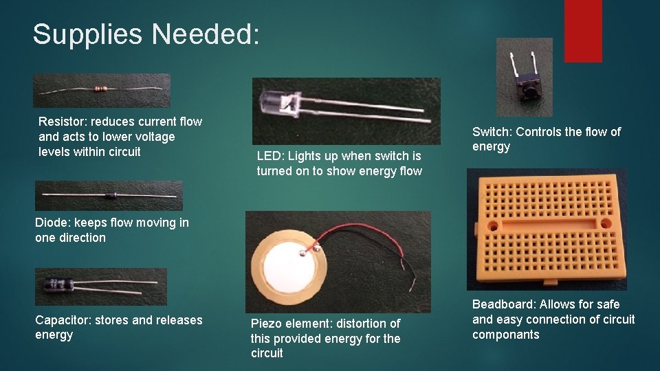 Supplies Needed: Resistor: reduces current flow and acts to lower voltage levels within circuit