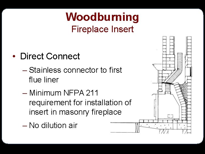 Woodburning Fireplace Insert • Direct Connect – Stainless connector to first flue liner –