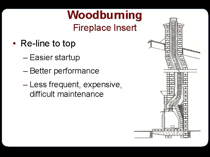 Woodburning Fireplace Insert • Re-line to top – Easier startup – Better performance –