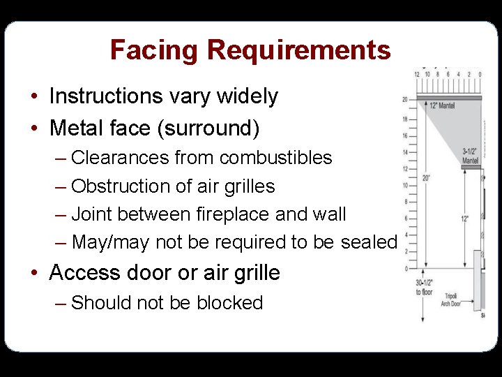 Facing Requirements • Instructions vary widely • Metal face (surround) – Clearances from combustibles