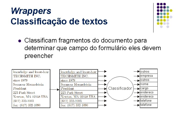 Wrappers Classificação de textos l Classificam fragmentos do documento para determinar que campo do