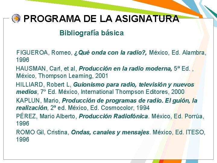PROGRAMA DE LA ASIGNATURA Bibliografía básica FIGUEROA, Romeo, ¿Qué onda con la radio? ,