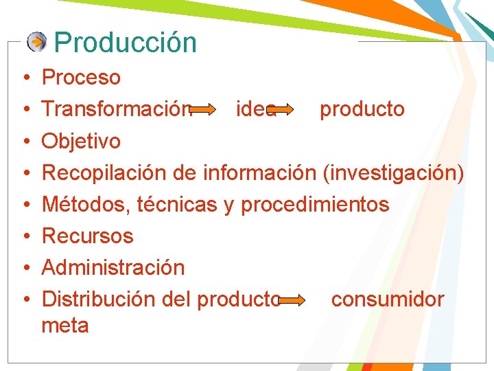 Producción • • Proceso Transformación idea producto Objetivo Recopilación de información (investigación) Métodos, técnicas