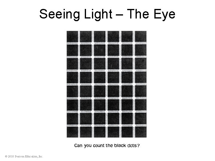 Seeing Light – The Eye © 2010 Pearson Education, Inc. 