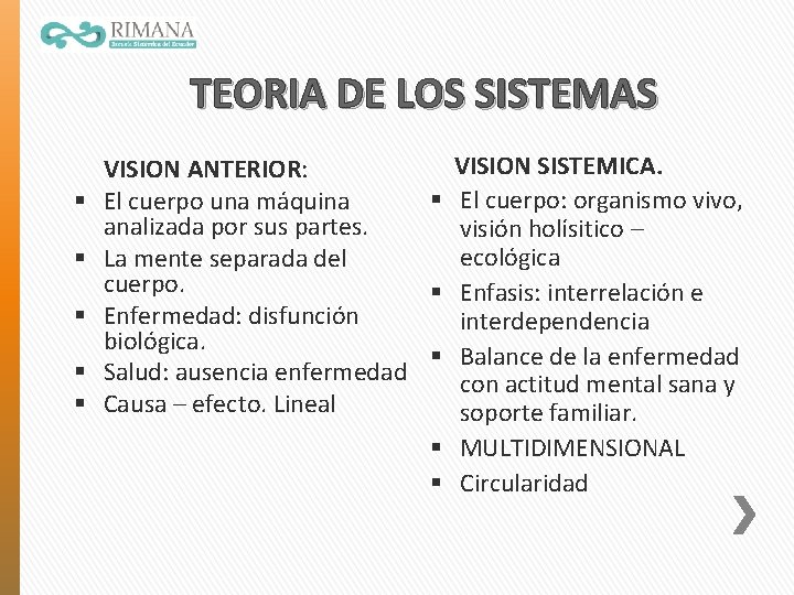 TEORIA DE LOS SISTEMAS § § § VISION SISTEMICA. VISION ANTERIOR: § El cuerpo: