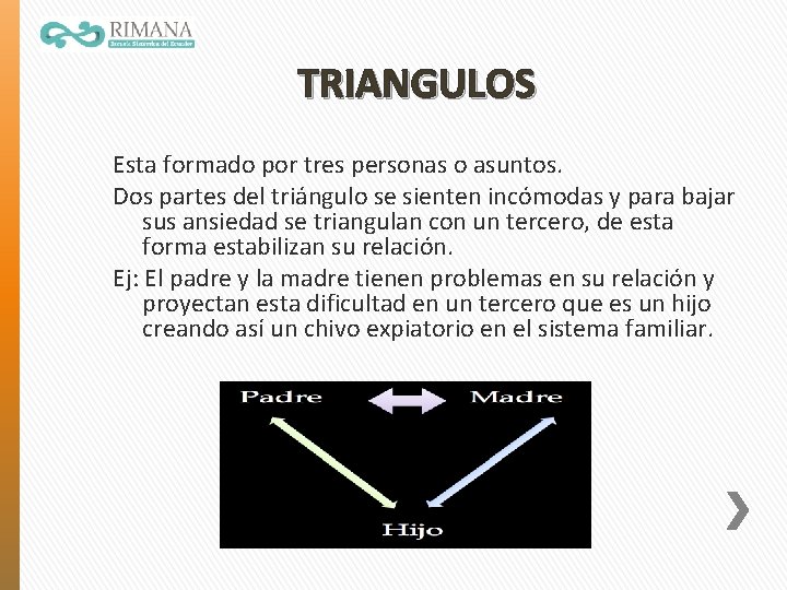 TRIANGULOS Esta formado por tres personas o asuntos. Dos partes del triángulo se sienten