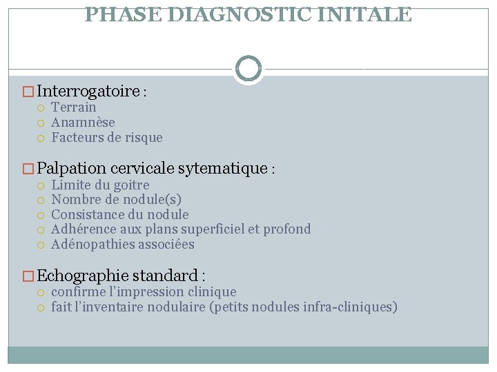 PHASE DIAGNOSTIC INITALE � Interrogatoire : Terrain Anamnèse Facteurs de risque � Palpation cervicale