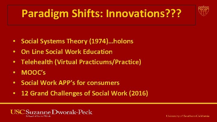 Paradigm Shifts: Innovations? ? ? • • • Social Systems Theory (1974)…holons On Line