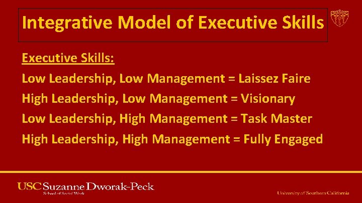 Integrative Model of Executive Skills: Low Leadership, Low Management = Laissez Faire High Leadership,