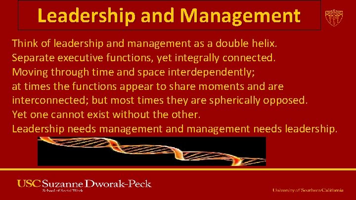 Leadership and Management Think of leadership and management as a double helix. Separate executive