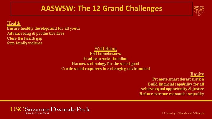 AASWSW: The 12 Grand Challenges Health Ensure healthy development for all youth Advance long