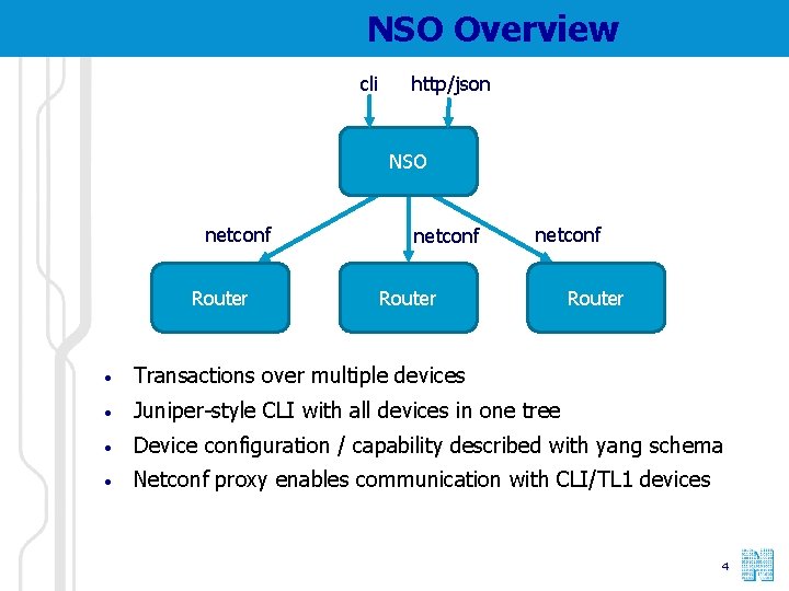 NSO Overview cli http/json NSO netconf Router • Transactions over multiple devices • Juniper-style