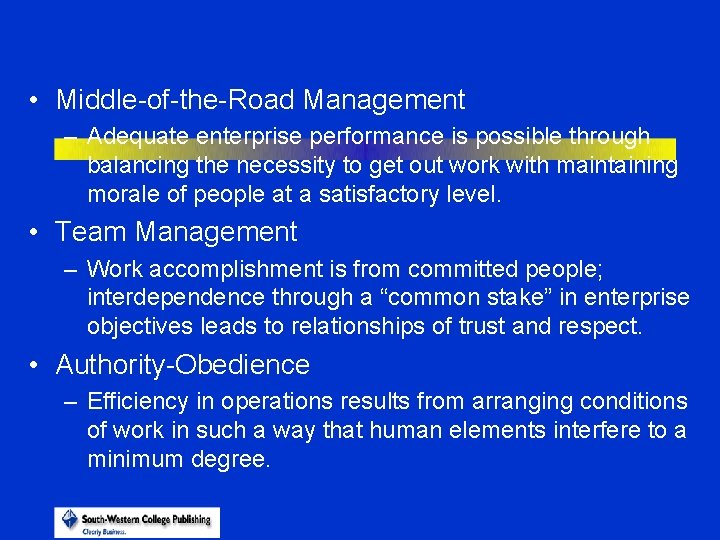  • Middle-of-the-Road Management – Adequate enterprise performance is possible through balancing the necessity