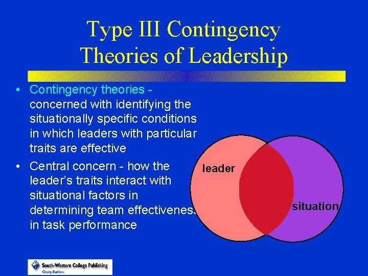 Type III Contingency Theories of Leadership • Contingency theories concerned with identifying the situationally