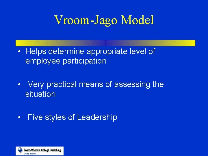 Vroom-Jago Model • Helps determine appropriate level of employee participation • Very practical means