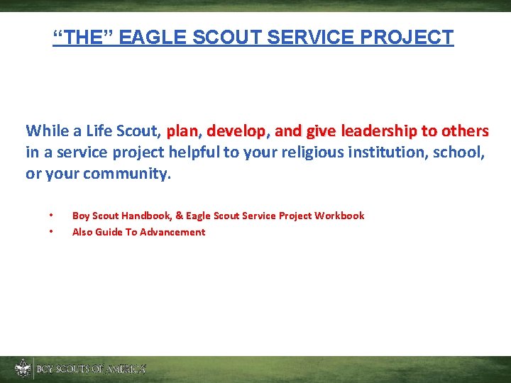 “THE” EAGLE SCOUT SERVICE PROJECT While a Life Scout, plan, develop, and give leadership