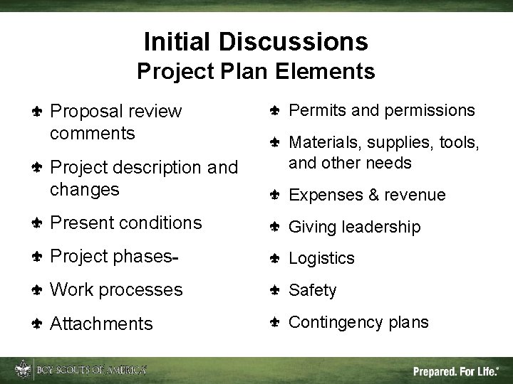 Initial Discussions Project Plan Elements Proposal review comments Project description and changes Permits and