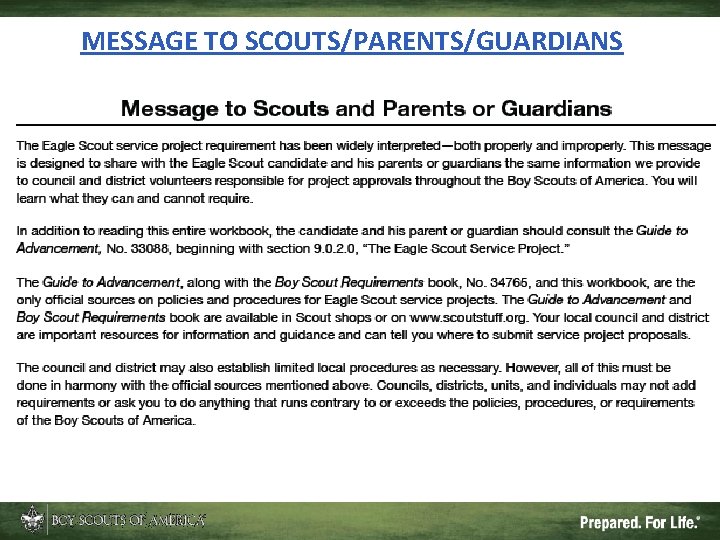 MESSAGE TO SCOUTS/PARENTS/GUARDIANS 