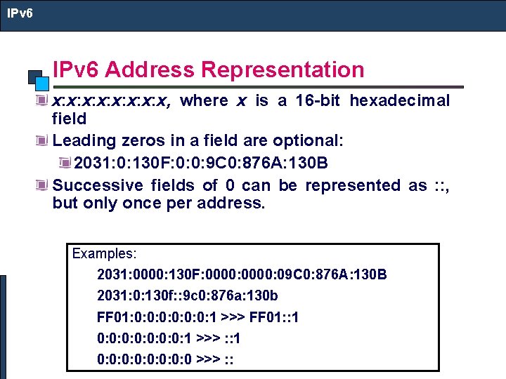 IPv 6 Address Representation x: x: x, where x is a 16 -bit hexadecimal
