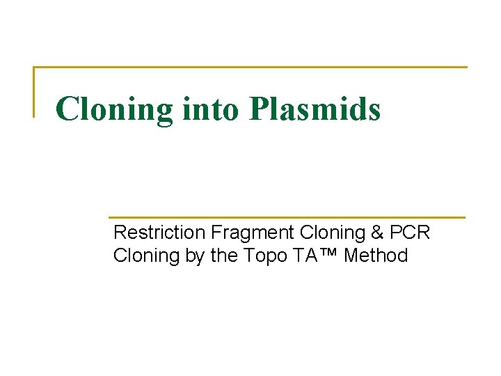 Cloning into Plasmids Restriction Fragment Cloning & PCR Cloning by the Topo TA™ Method