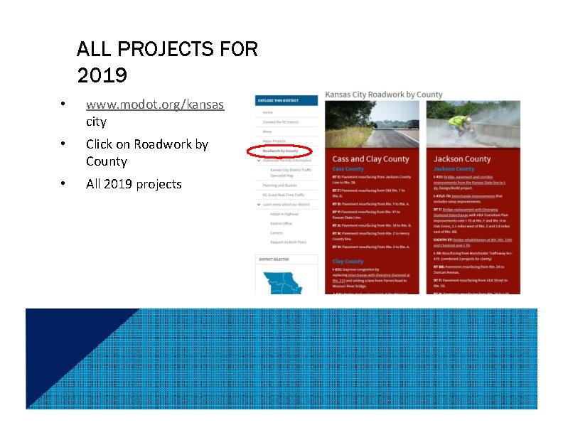 ALL PROJECTS FOR 2019 • www. modot. org/kansas city • Click on Roadwork by