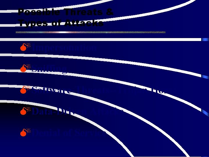 Possible Threats & Types of Attacks MImpersonation MSniffing MSoftware-Threats--Trojan Horse MData-Driven Attacks MDenial of