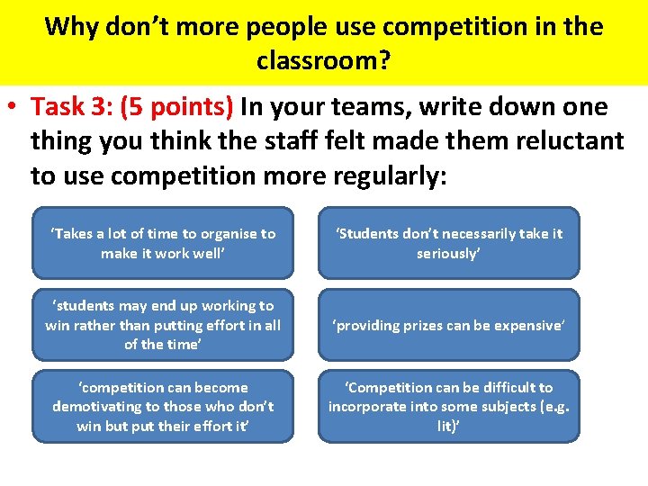 Why don’t more people use competition in the classroom? • Task 3: (5 points) Why don’t more people use competition in the classroom? • Task 3: (5 points)