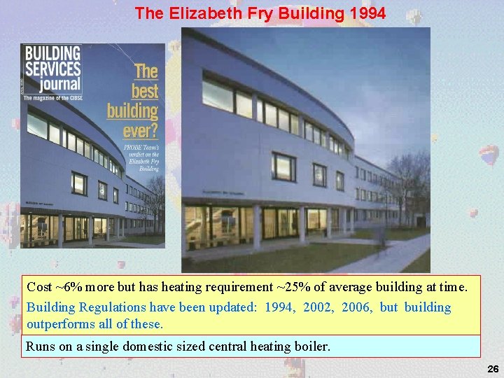 The Elizabeth Fry Building 1994 Cost ~6% more but has heating requirement ~25% of