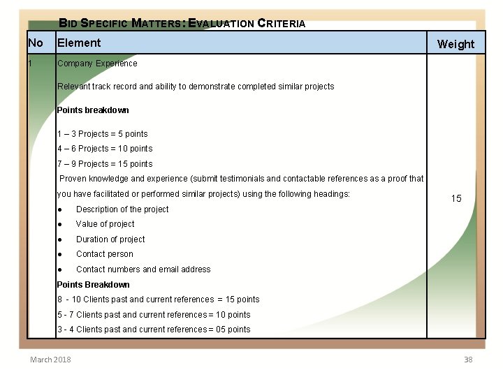 BID SPECIFIC MATTERS: EVALUATION CRITERIA No • Element. 1 Weight Company Experience Relevant track